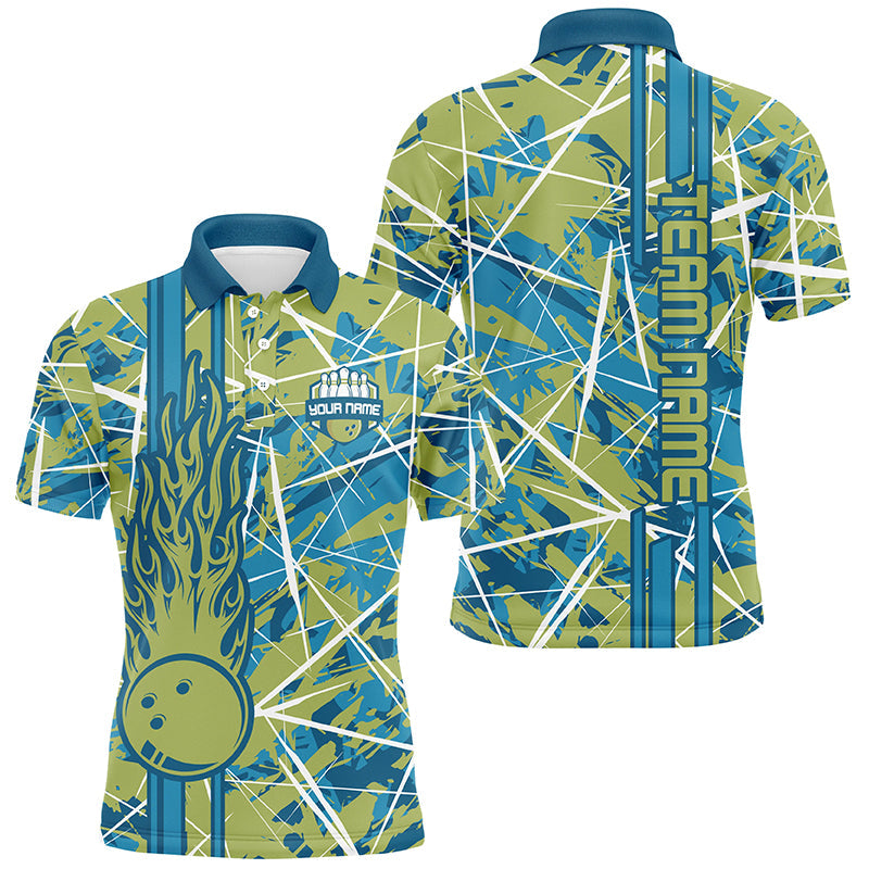 Green flame bowling ball camo custom Men Bowling Polo Shirts, team bowling jerseys gift for bowler NQS7508
