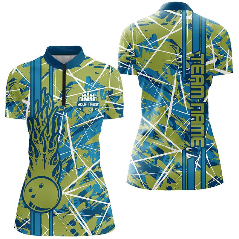 Green flame bowling ball camo custom Women Quarter Zip Shirt, team bowling jerseys gift for bowler NQS7508