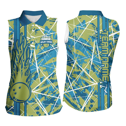 Green flame bowling ball camo custom Women sleeveless Polo Shirt, team bowling jerseys gift for bowler NQS7508