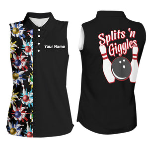 Splits 'n Giggles Black women sleeveless polo Shirts, personalized vintage womens bowling shirts NQS5521