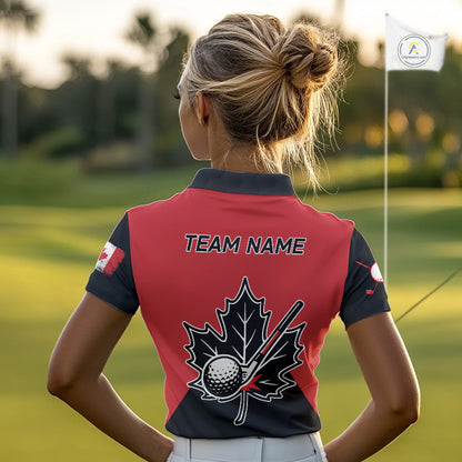 Black and Red maple leaf Womens golf polo shirts custom patriotic Canadian Flag ladies golf attire NQS9993