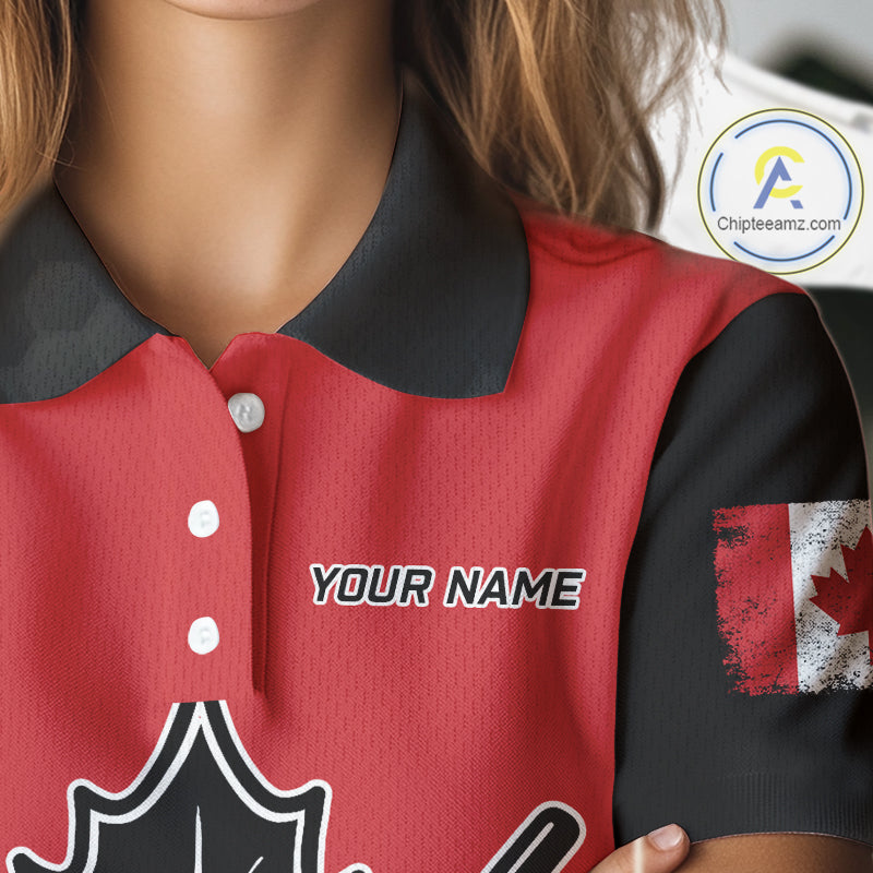 Black and Red maple leaf Womens golf polo shirts custom patriotic Canadian Flag ladies golf attire NQS9993
