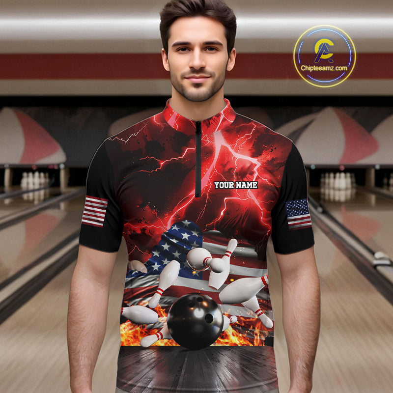 Red Lightning thunder storm American Flag Bowling Shirts For Men Custom Bowling Team League Jerseys NQS10290