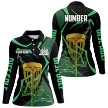 Load image into Gallery viewer, Black green Womens disc golf polo shirts custom lightning thunder disc golf basket, frisbee golf gifts NQS8520