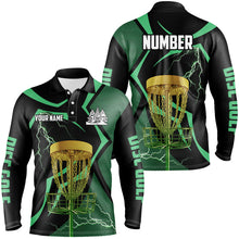 Load image into Gallery viewer, Black and green Men disc golf polo shirt custom lightning thunder disc golf basket, disc golf gifts NQS8520