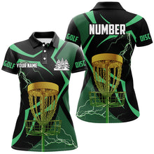 Load image into Gallery viewer, Black green Womens disc golf polo shirts custom lightning thunder disc golf basket, frisbee golf gifts NQS8520