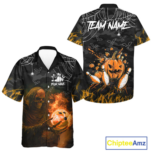 Black Bowling Camo Orange flame Skull Custom Halloween Bowling Hawaiian Shirt, Bowling Team Jerseys NQS10705
