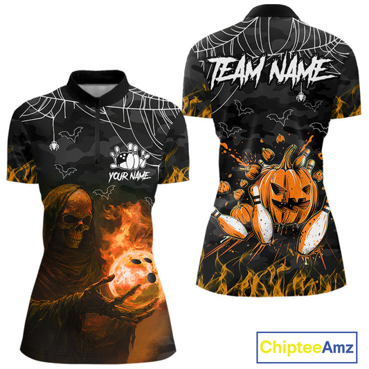 Black Bowling Camo Orange flame Skull Custom Halloween Bowling Shirts For Women, Bowling Team Jerseys NQS10705
