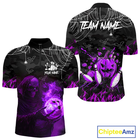 Black Bowling Camo Purple flame Skull Custom Halloween Bowling Shirts For Men, Bowling Team Jerseys NQS10706