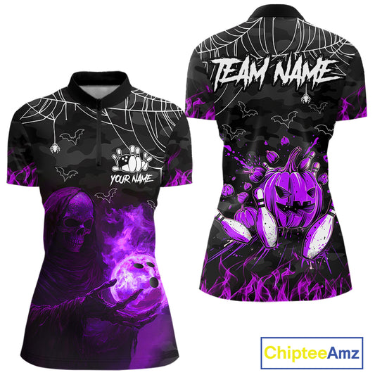 Black Bowling Camo Purple flame Skull Custom Halloween Bowling Shirts For Women, Bowling Team Jerseys NQS10706