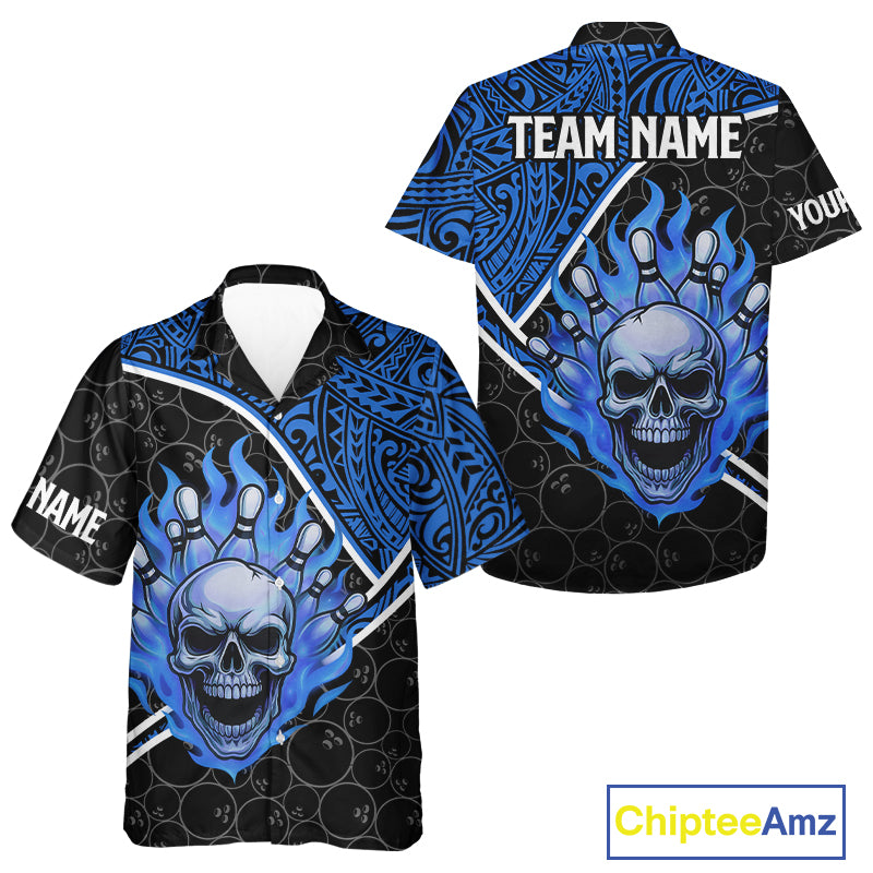 Black and Blue Flame Skull tribal pattern camo Bowling Hawaiian Shirt Custom Bowling Team Shirts NQS10916
