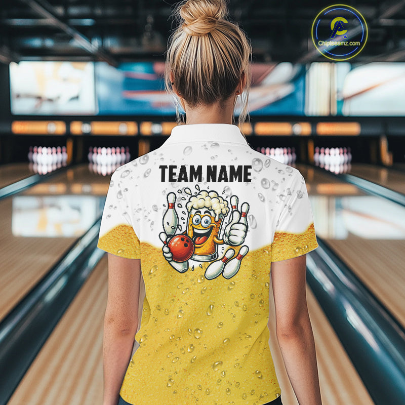 Custom White And Yellow Funny Beer Bowling Women Polo, Quarter Zip Shirts, Beer Glass Bowling Jersey NQS10918