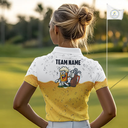Custom White And Yellow Funny Beer Golf Polo Shirts For Women, Funny Beer Glass Ladies Golf Outfit NQS10919