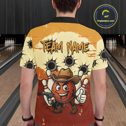 Funny Bowling Cowboy gun Mens bowling polo, Quarter zip shirts Custom bowling team outfit jersey NQS10920