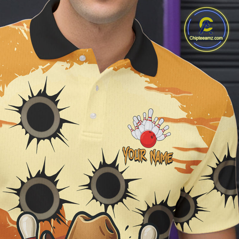 Funny Bowling Cowboy gun Mens bowling polo, Quarter zip shirts Custom bowling team outfit jersey NQS10920
