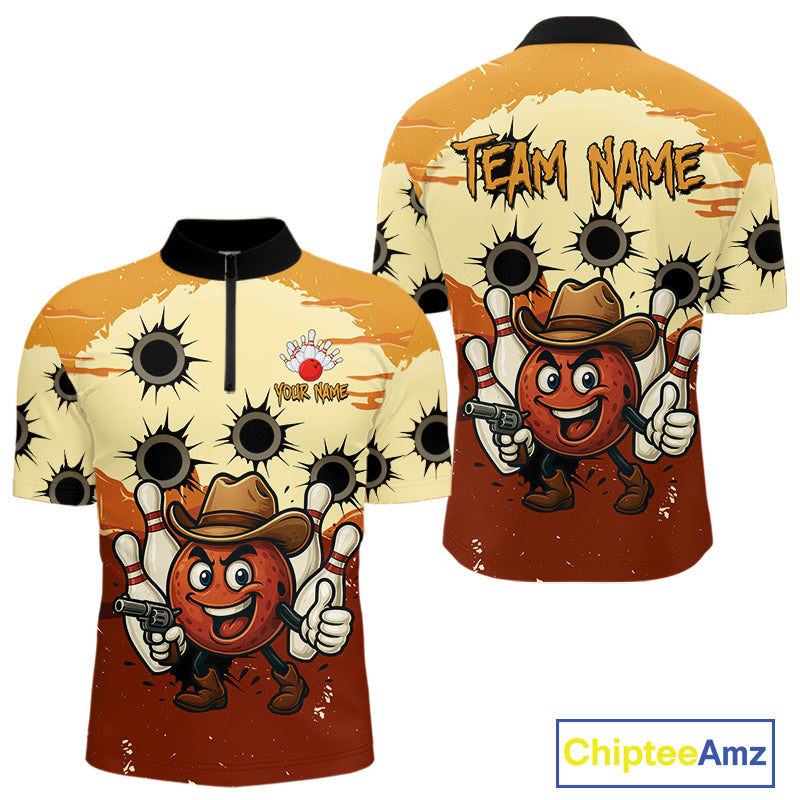 Funny Bowling Cowboy gun Mens bowling polo, Quarter zip shirts Custom bowling team outfit jersey NQS10920