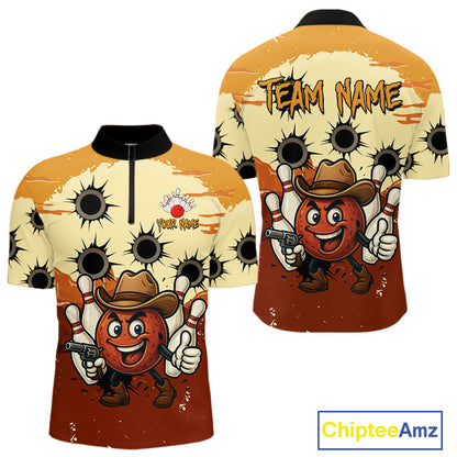 Funny Bowling Cowboy gun Mens bowling polo, Quarter zip shirts Custom bowling team outfit jersey NQS10920
