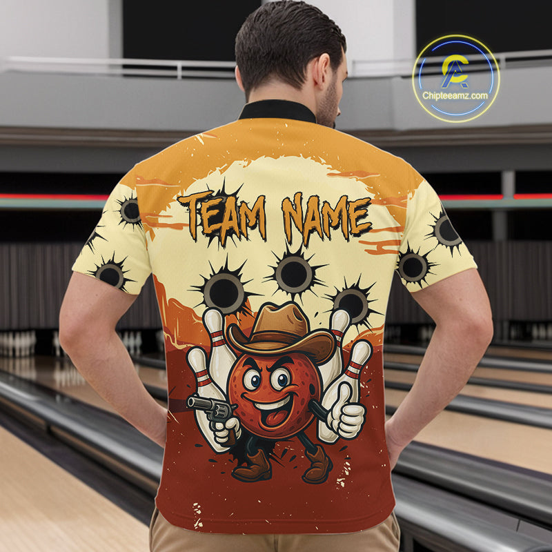Funny Bowling Cowboy gun Mens bowling polo, Quarter zip shirts Custom bowling team outfit jersey NQS10920