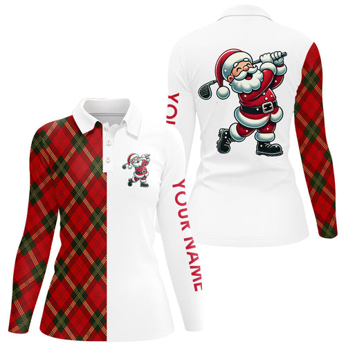 Red Plaid Christmas pattern Santa Golf Polo Shirt For Women custom Xmas golf top for ladies NQS8995