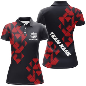 Black and Red Argyle Pattern Bowling Polo, Quarter Zip Shirts For Women Custom Bowling Team Jerseys NQS9001