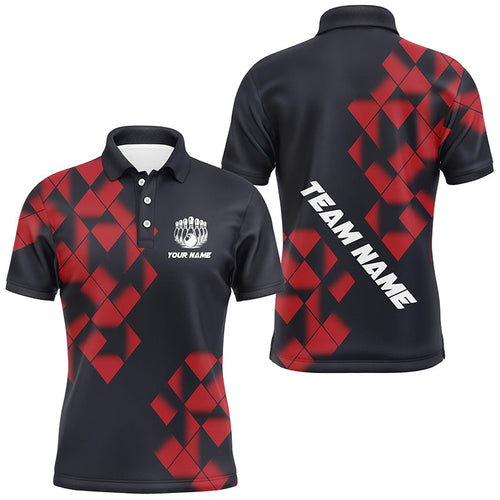 Black and Red Argyle Pattern Bowling Polo, Quarter Zip Shirts For Men Custom Bowling Team Jerseys NQS9001