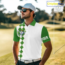Load image into Gallery viewer, White and Green argyle pattern Mens Golf polo shirts Custom funny St. Patrick's day mens golf outfit NQS11296