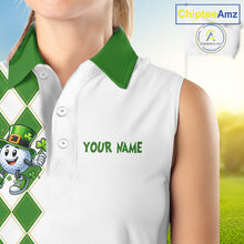 Load image into Gallery viewer, White and Green argyle pattern Sleeveless polo shirts Custom funny St Patrick day ladies golf outfit NQS11296