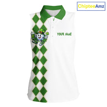 Load image into Gallery viewer, White and Green argyle pattern Sleeveless polo shirts Custom funny St Patrick day ladies golf outfit NQS11296