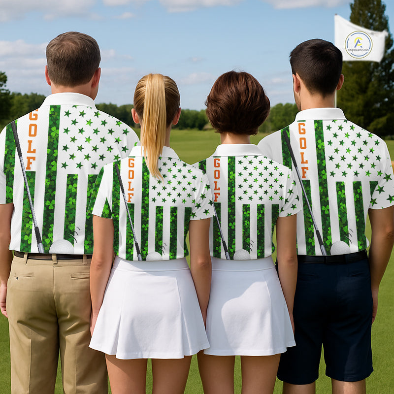 White, Green and Orange shamrock American Flag Women Golf polo shirts Custom St Patrick golf outfit NQS11297