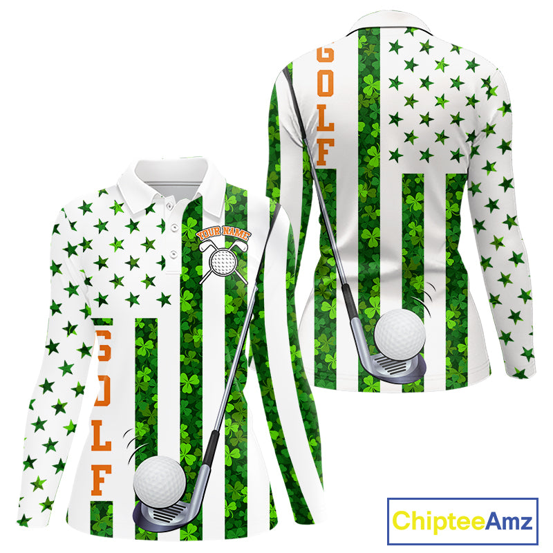 White, Green and Orange shamrock American Flag Women Golf polo shirts Custom St Patrick golf outfit NQS11297