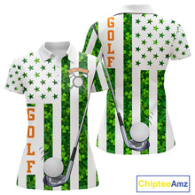 Load image into Gallery viewer, White, Green and Orange shamrock American Flag Women Golf polo shirts Custom St Patrick golf outfit NQS11297