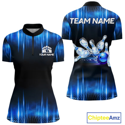 Black and Blue Bowling polo, Quarter zip Shirts for Women Custom Bowling Team jersey, Gift For Bowler NQS11299