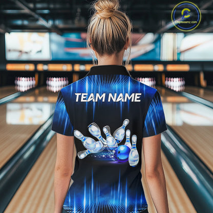 Black and Blue Bowling polo, Quarter zip Shirts for Women Custom Bowling Team jersey, Gift For Bowler NQS11299