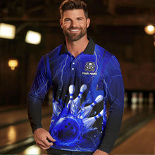 Load image into Gallery viewer, Blue Flame Lightning Thunder Bowling Polo, Quarter Zip Shirt For Men Custom Bowling Team Jersey NQS9425