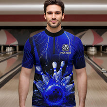 Load image into Gallery viewer, Blue Flame Lightning Thunder Bowling Polo, Quarter Zip Shirt For Men Custom Bowling Team Jersey NQS9425