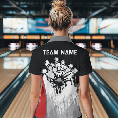 Black and White Skull Bowling Polo, Quarter Zip Shirts For Women Custom Bowling Team Jerseys | Red NQS9587