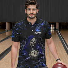 Load image into Gallery viewer, Black and Blue Lightning Thunder Skull reaper Bowling Shirts For Men Custom Bowling Team Jerseys NQS9590