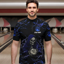 Load image into Gallery viewer, Black and Blue Lightning Thunder Skull reaper Bowling Shirts For Men Custom Bowling Team Jerseys NQS9590