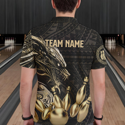 Black and Gold Dragon Tribal Bowling Polo, 1/4 Zip Shirts For Men Custom Retro Bowling Team Jerseys NQS9591
