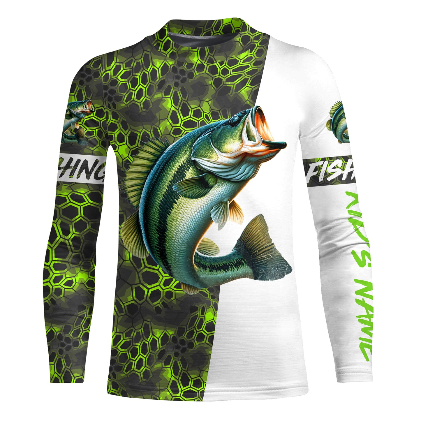 Largemouth Bass fishing clothes green camo Custom fishing Shirts, Bass fishing shirts with hood NQS3083