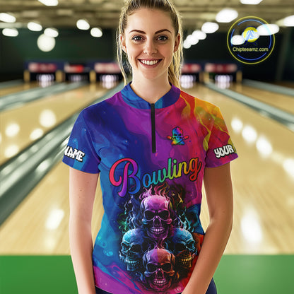 Colorful Rainbow Flame Skull Bowling Polo, Quarter Zip Shirts for Women Custom Bowling Team Jerseys NQS9731