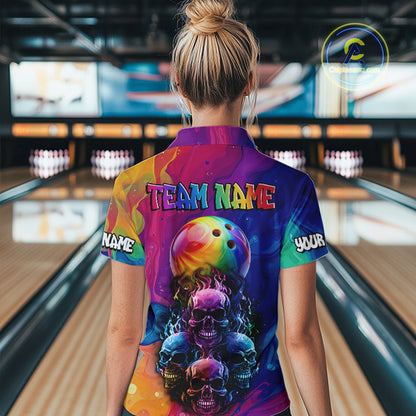 Colorful Rainbow Flame Skull Bowling Polo, Quarter Zip Shirts for Women Custom Bowling Team Jerseys NQS9731