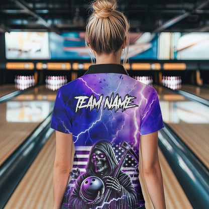 Purple American Flag Lightning Thunder Storm Reaper Bowling Shirt For Women Custom Bowling Team Jersey NQS9732
