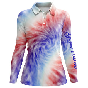 Womens golf polo shirt custom name colorful red white and blue tie dye pattern team womens golf tops NQS5531