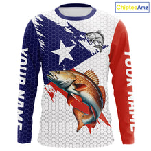Load image into Gallery viewer, Red, White and Blue Texas Flag Redfish Fishing custom Redfish long sleeves performance fishing shirts NQS10001