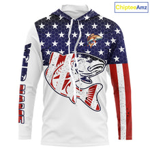 Load image into Gallery viewer, Red, White and Blue American Flag Redfish Fishing custom patriotic Redfish performance fishing shirts NQS10002