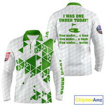 Load image into Gallery viewer, Funny Mens golf polo shirts green and white custom I was one under today, under a tree, bush, water NQS10165