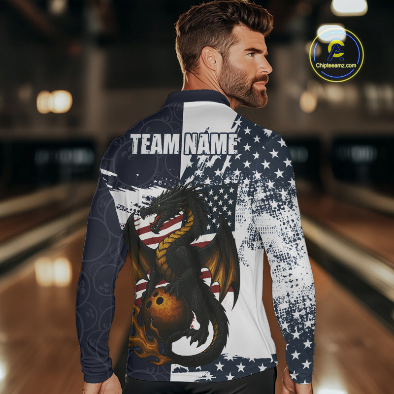 Red, White and Blue American Flag Dragon Bowling Shirts For Men Custom Patriotic Bowling Team Jersey NQS10294