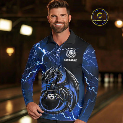 Personalized Black And Blue Thunder Lightning Dragon Bowling Shirts For Men, Bowling Team Uniform NQS10295