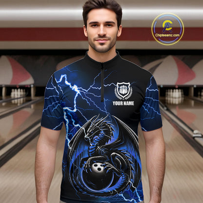 Personalized Black And Blue Thunder Lightning Dragon Bowling Shirts For Men, Bowling Team Uniform NQS10295